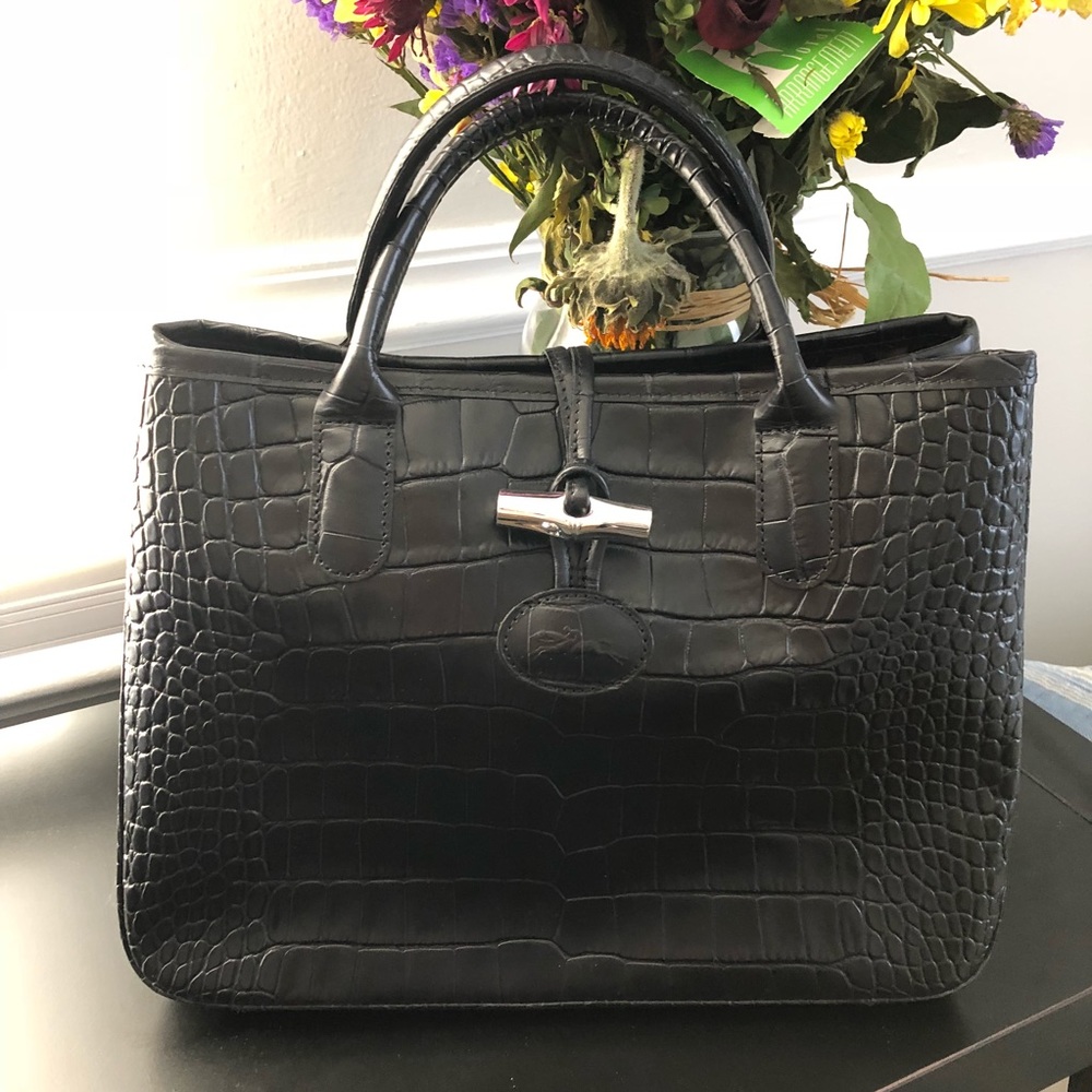 Longchamp black croc roseau handbag